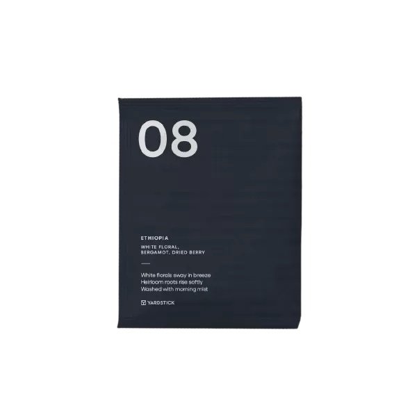 Placeholder packshot of a single dark drip coffee sachet, labelled "08 Ethiopia".